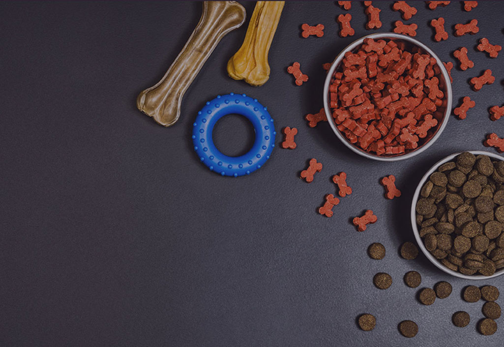 Voerbakken met brokken en hondensnacks op een donkere ondergrond